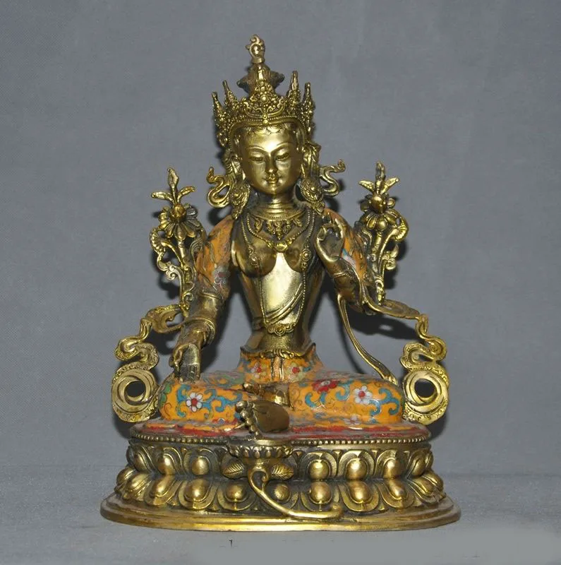 

christmas 12"Old Tibet Bronze Cloisonne Enamel Green Tara Kwan-yin Guan Yin Buddha Statue New Year