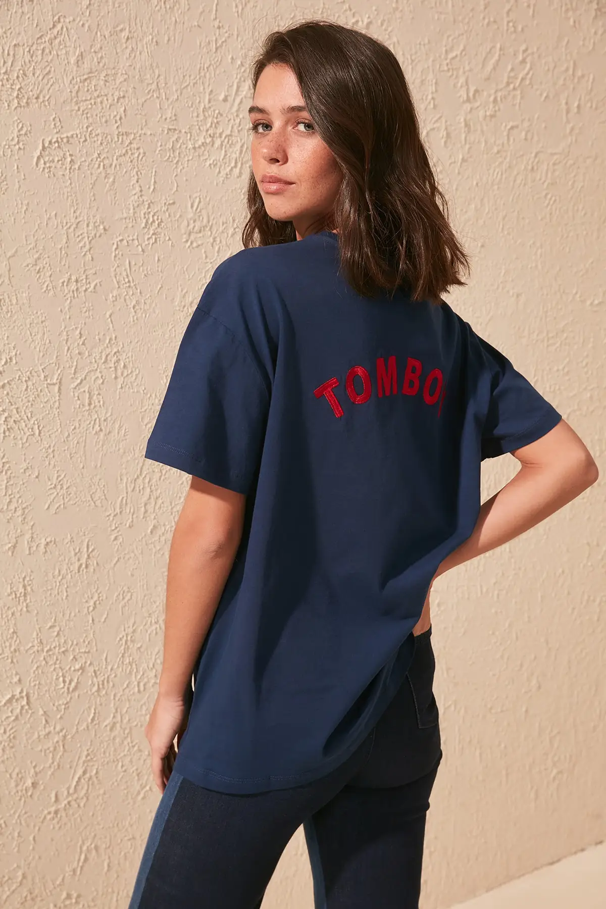 Trendyol Navy Embroidered Boyfriend Knitted T-shirt TWOSS19GS0111 | Женская одежда
