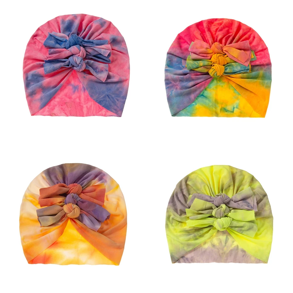 

Toddler Soft Skin-friendly Warm Cotton Turban Hat Fashion Tie-dyed Bowknot Infant Beanie Caps Baby Girls Headwear Birthday Gifts
