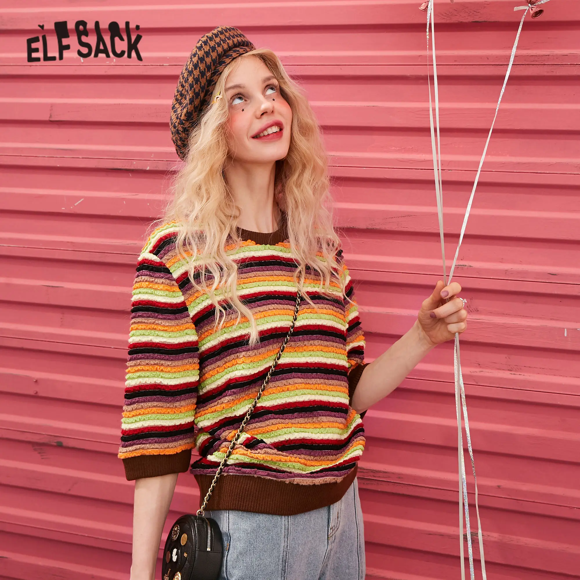ELFSACK Rainbow Striped Korean Knit Pullover Sweater Women Clothes 2020 Spring Vintage Colorblock Female Slim Office Ladies Tops | Женская