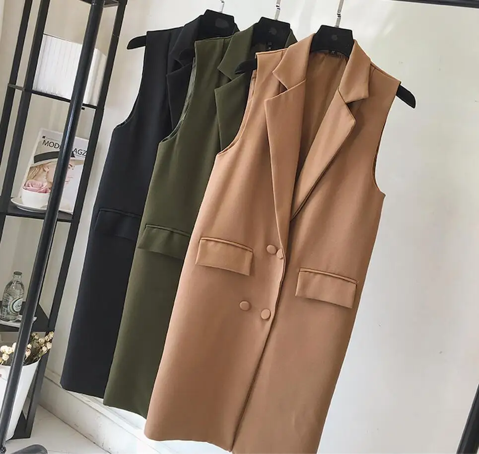 

2019 autumn new women laple sleeveless solid patchwork double breasted casual long vest women fashion waistcoat tide r2045