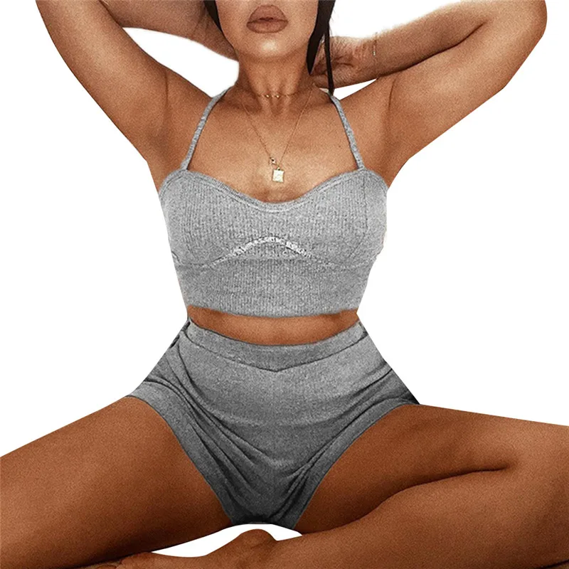 

2pcs Women Gray Costume Suits Female Sleeveless Short Tank Top Shorts Casual Clothing Sets Female Summer Slim Short Suits Femme