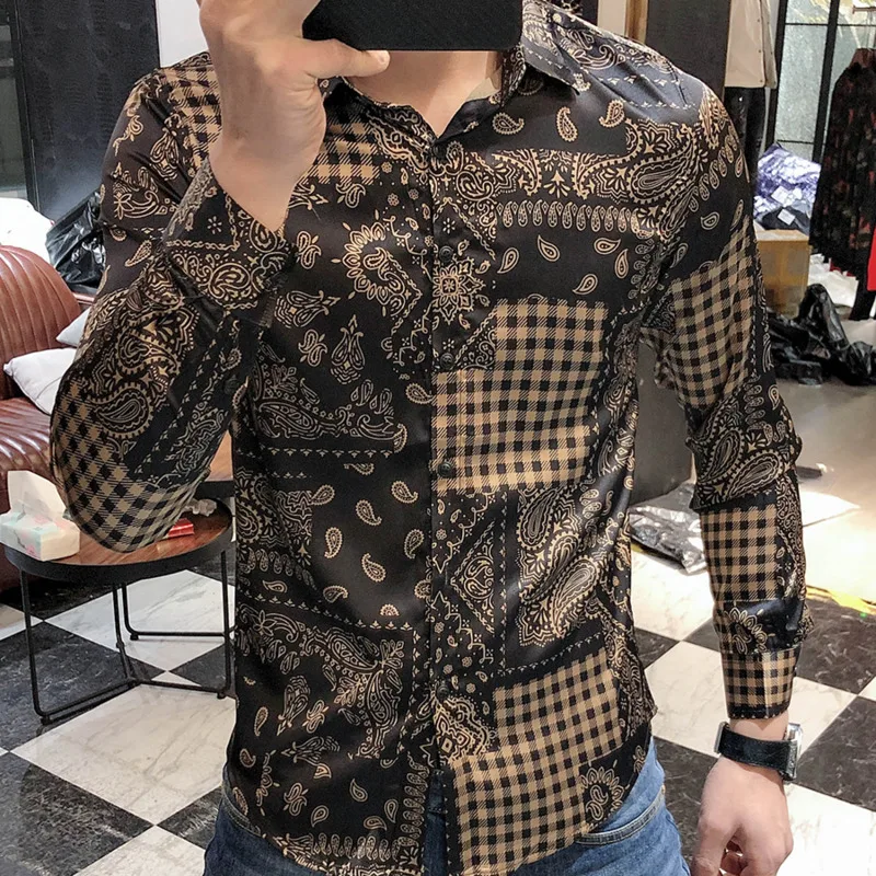 Camisa de manga larga para hombre, camisa masculina de diseño Cachemira, color negro, dorado, barroco, flor, 2021