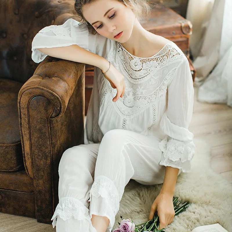 2 pieces women sleepwear French count wind Pajamas set cotton pajamas for female lace Princess bow home service Romatic suit