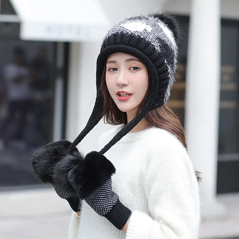 Новинка 2019 женская вязаная шапка и перчатки из кроличьего меха толстые теплые