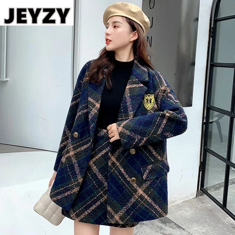 

Autumn Winter College Style Wool Two Piece Suit Women Notched Thick Plaid Tweed Loose Jacket Uniform Coat+Mini Pencil Skirt Set