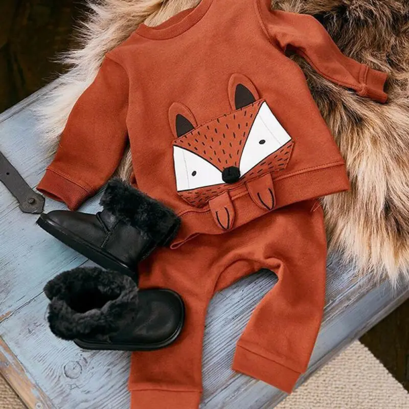 Милый комплект осенней одежды с рисунком лисы для маленьких мальчиков и девочек