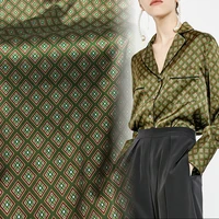 2021 silk satin fabric new avocado green retro geometric plaid printed stretch silk shirt fabric