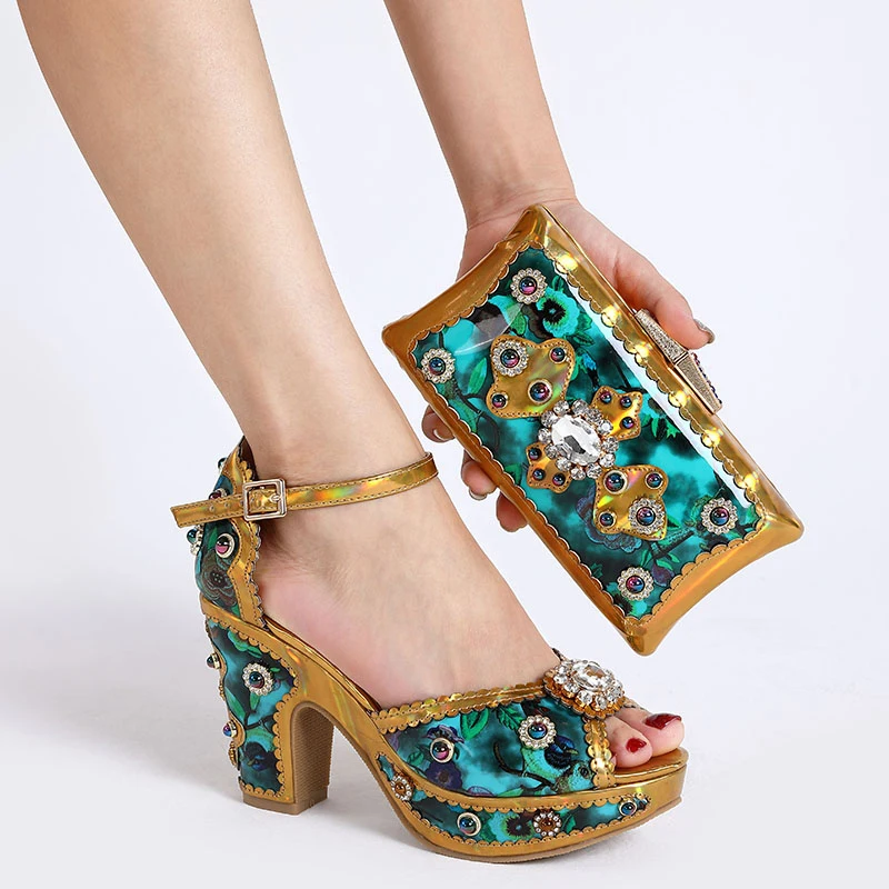 Fashion Italian Shoes and Bag Set Square High Heel Sandals with Purse African Party Wedding Nigerian High Heels and Purse Set