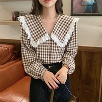 sweet plaid blouse peter pan collar loose spring and autumn elegant high street fashion new cute basic casual top aesthetic tops