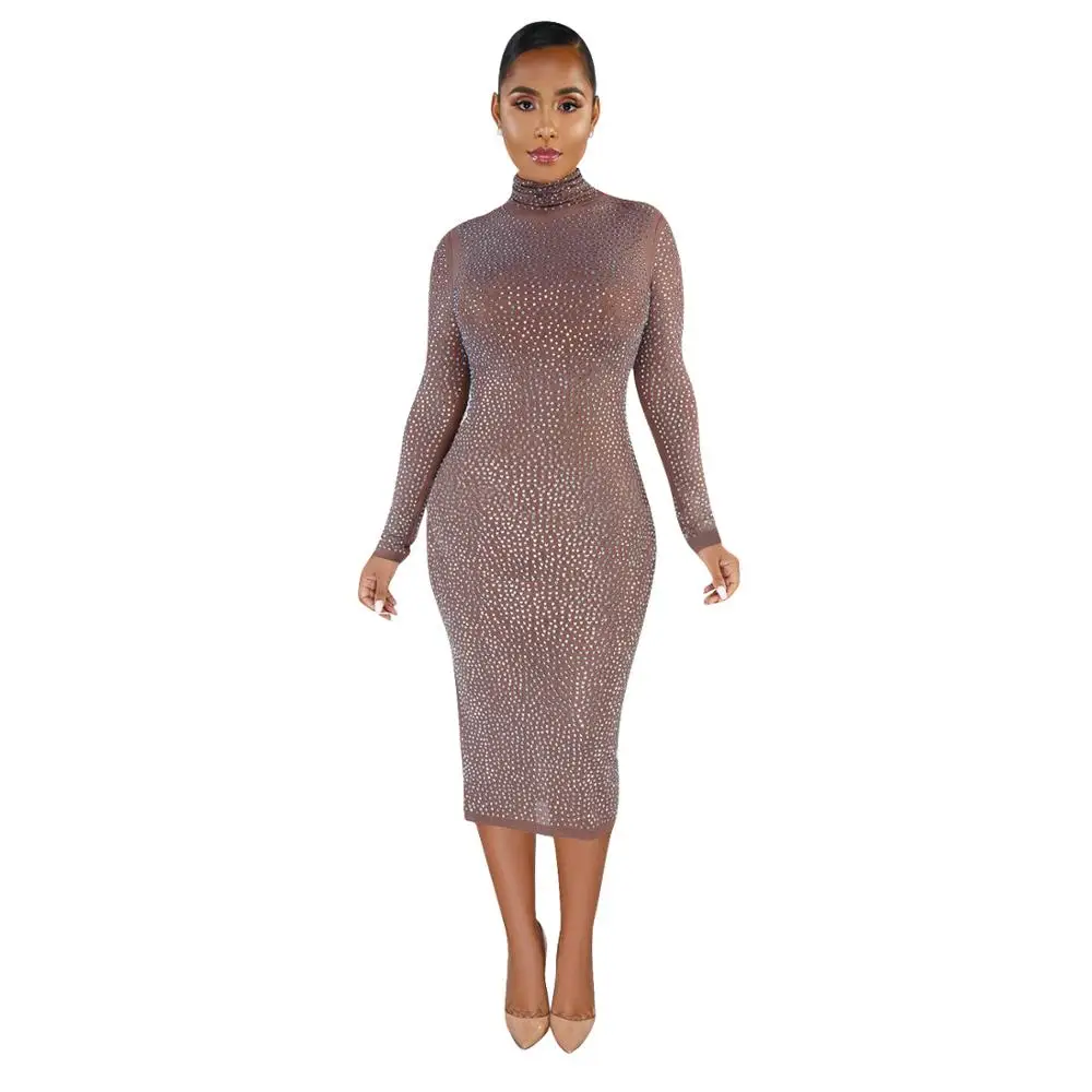 Sexy women's 2019 autumn and winter double-sided hot drilling long-sleeved perspective dress fashion sequined bandage | Женская
