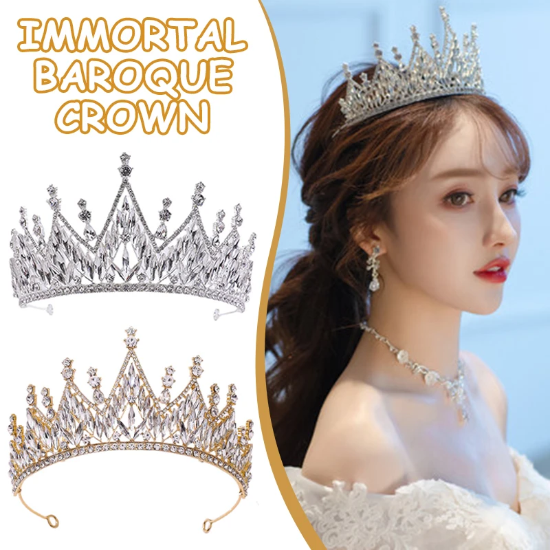 

Trendy Queen Diadem Wedding Hair Accessories Ornaments Crystal Pearl Tiara & Crown King Head Jewelry Bridal for Female Decorate