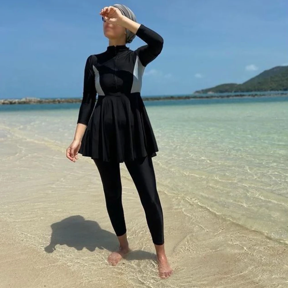 

2021 New 3pcs Muslim Swimwear Women Modest Patchwork Hijab Long Sleeves Sport Swimsuit Islamic Burkinis Wear Bathing Suit