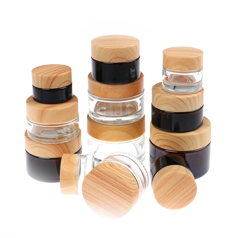 

1Pc Skin Care Glass Jar Pot Refillable Bottle Cosmetic Container With Wood Grain