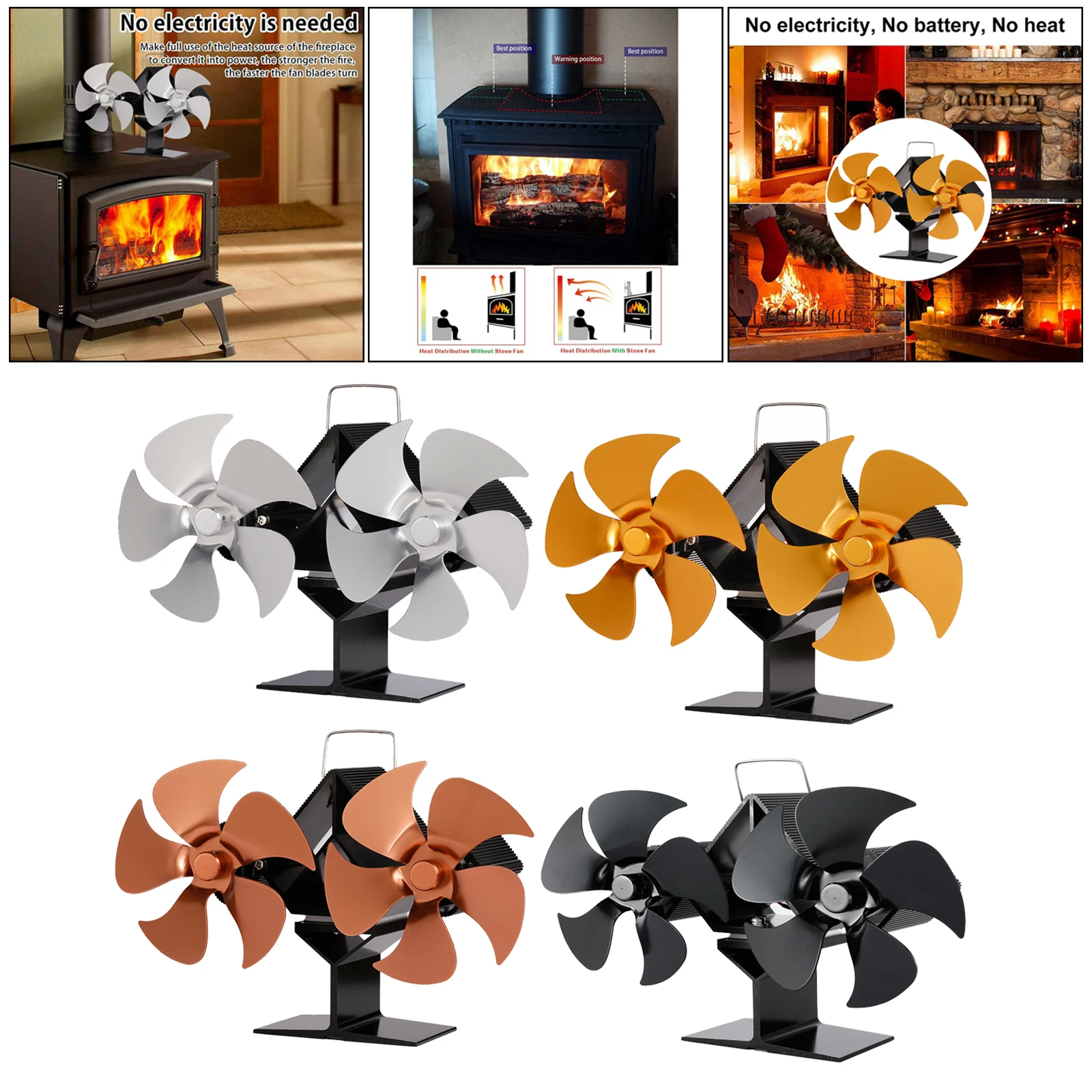 

Fireplace Fan Wood Stove Burner Aluminium Heat Distribution Circulation Fan