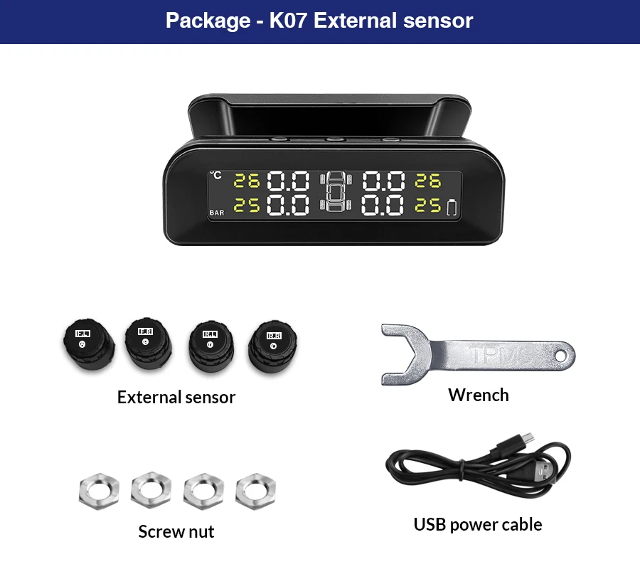 Умная Система контроля давления в шинах с 4 датчиками и зарядкой от солнечной