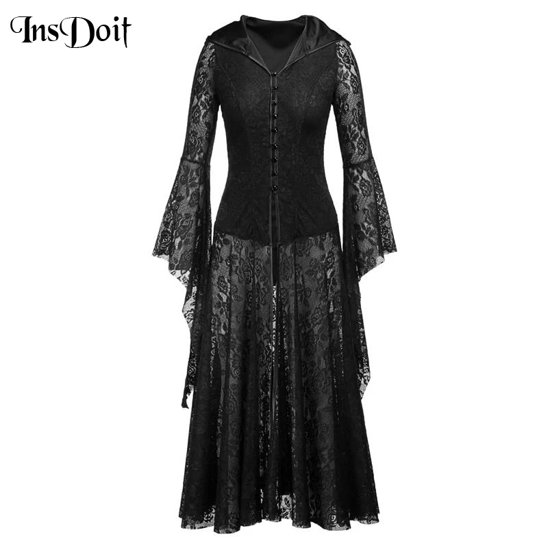 

InsDoit Gothic Clothes Vintage Lace Dress Women Streetwear Long Sleeve Black Sexy Hooded Dress Halloween Fashion Party Dresses