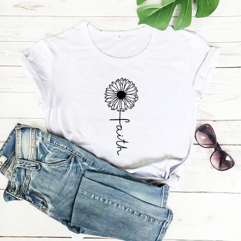 Faith Cross With Flower Graphic Print 2020 New Arrival Summer 100%Cotton Funny T Shirt Christian Religious | Женская одежда