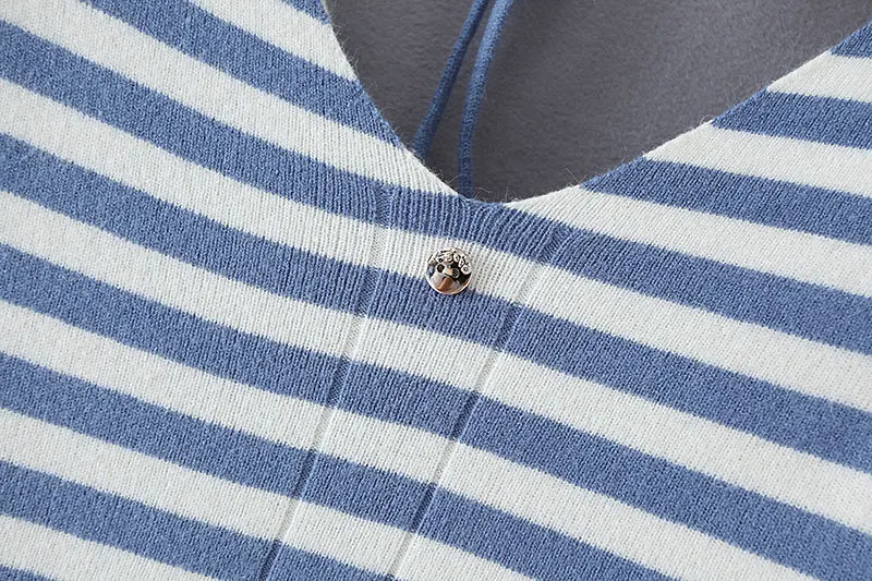 new spring autumn women v neck striped casual slim knitted sweaters ladies long sleeve back lace up thin sweater tops S148 | Женская