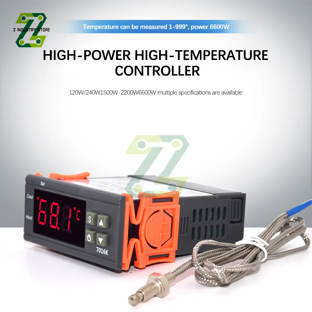 

7016K Intelligent High Temperature Controller Digital Thermostat Regulator 1-999℃ Temperature Control Switch with Sensor