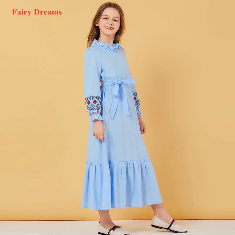 Дети абайя Дубай Турция Бангладеш Вышивка мусульманское платье Девушки Макси