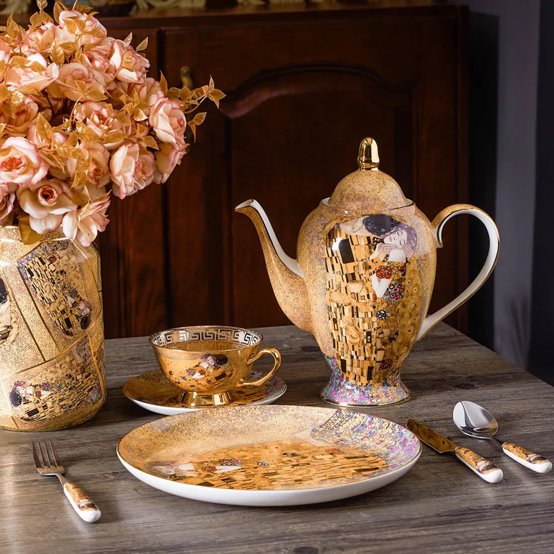 Gustav Klimt Bone China Coffee Set Luxury British Porcelain Tea Cup Ceramic Teapot Creamer Sugar Bowl Milk Jug Coffeeware | Дом и сад