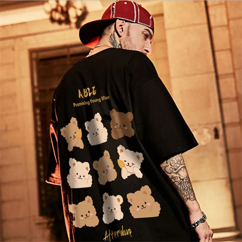 

2021 Summer tide brand men's bear print plus size loose short-sleeved T-shirt half sleeve Casual Cotton T-shirt Hip-Hop T-shirt