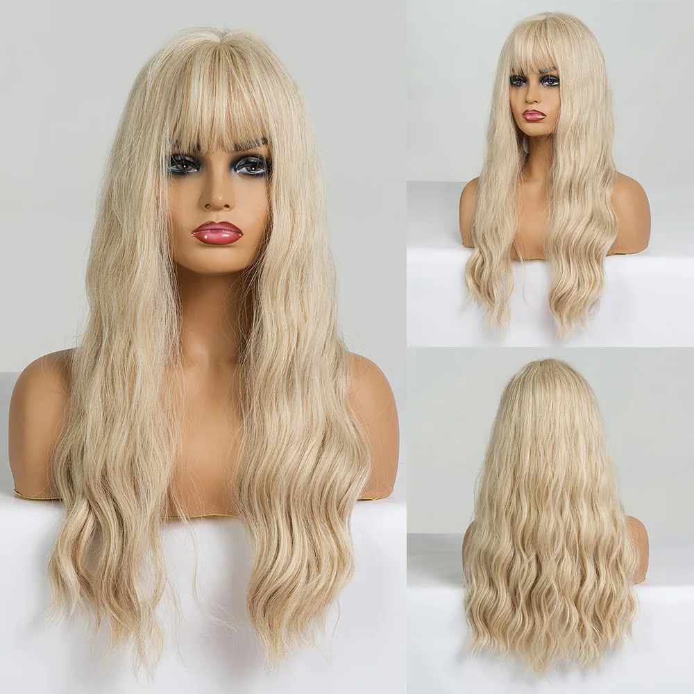 

EASIHAIR Long Dark Blonde Wigs with Bangs Synthetic Wigs For Women Wavy Cosplay Wigs Heat Resistant Natural Hair Wigs