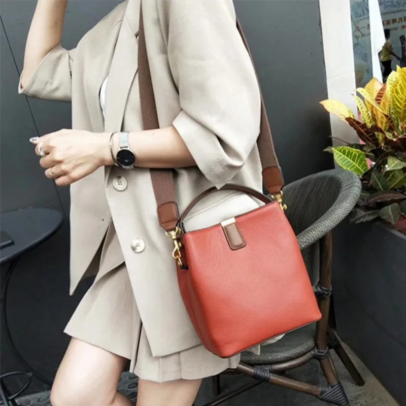 

Casual Bucket Bags Women Genuine Leather Totes Shoulder Bag Daily Office Lady Solid Color Crossbody Handbag Bolsos Mujer
