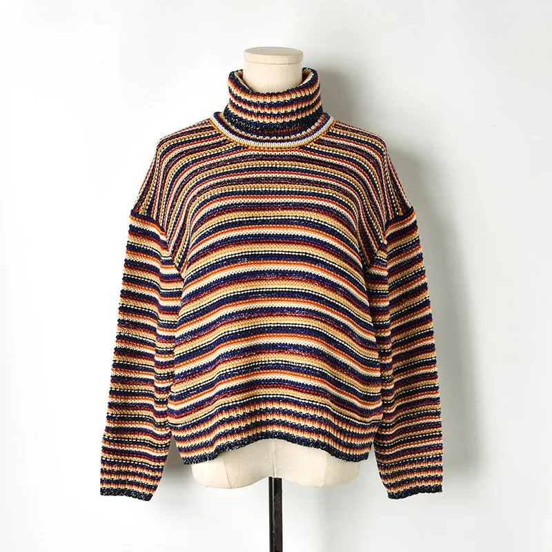 Женский свитер в полоску с высоким воротом вязаный пуловер свободного кроя зима