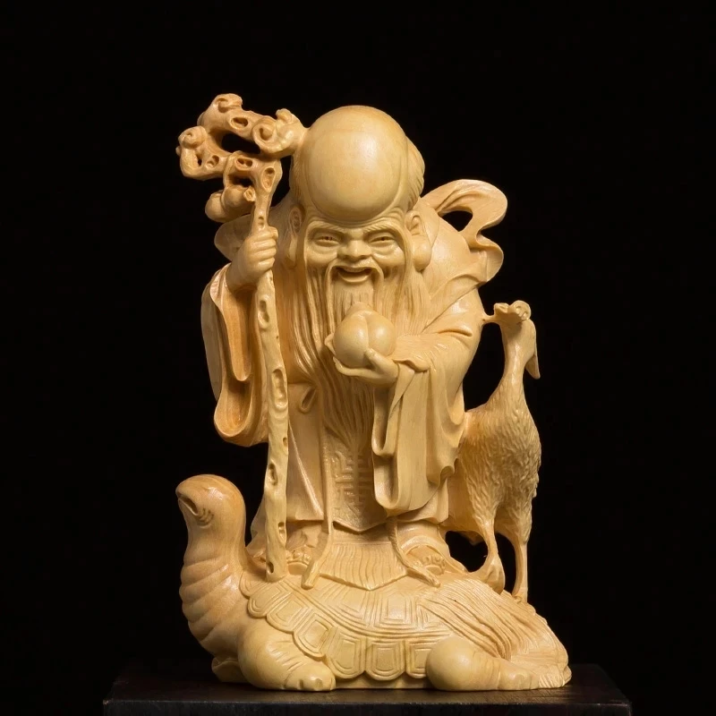 

Boxwood Carving Turtle Crane God of Longevity Wood Shou Xing Statue Decoration Birthday Gifts Mythology Sculpture Home Decor