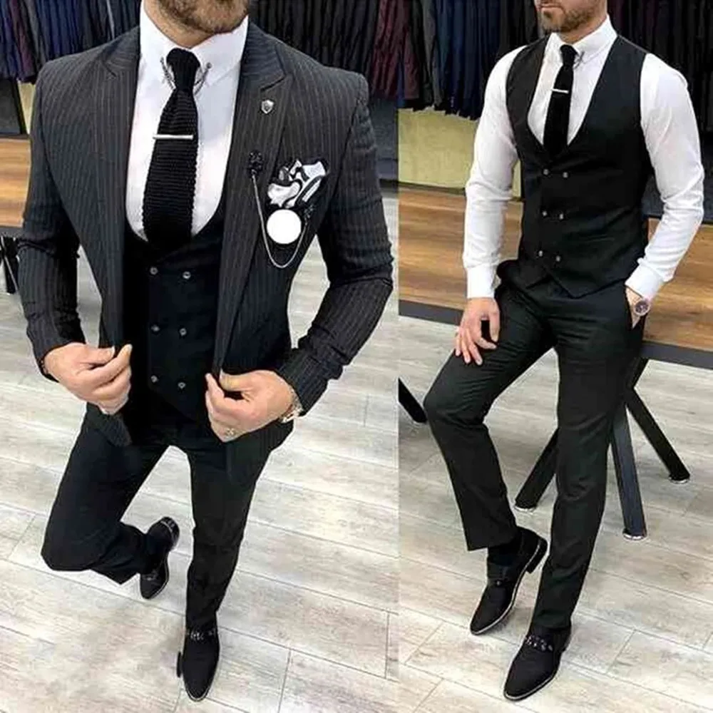 

2022 Grey Striped Business Blazer Men Wedding Suit Latest Coat Pant Designs Slim Fit 3 Piece Tuxedo Groom Prom Suits Ternos