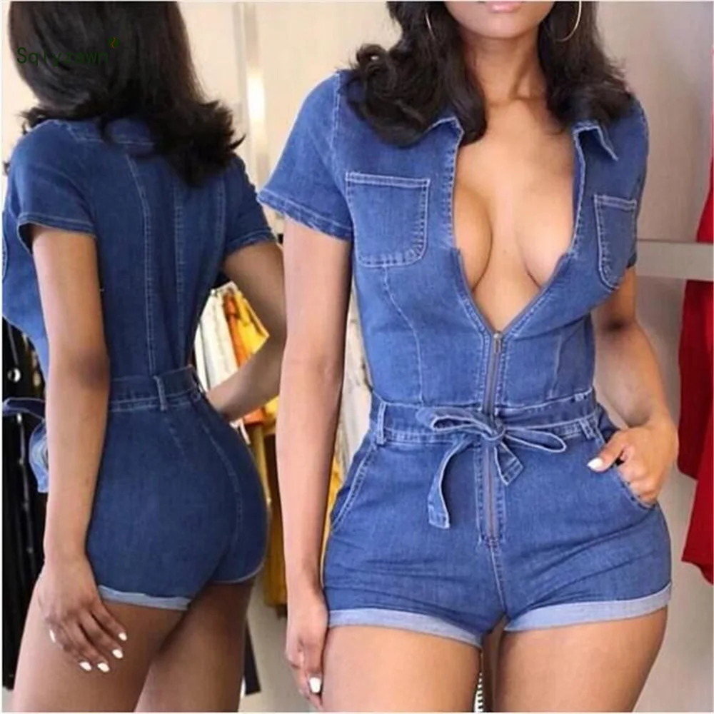 Женские летние синие облегающие джинсовые комбинезоны с коротким рукавом