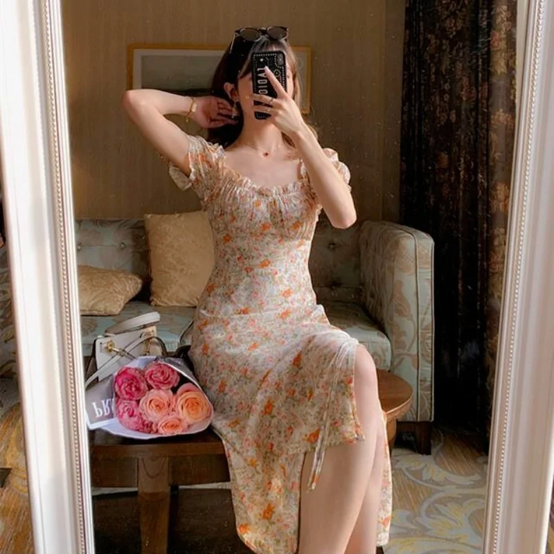 

2021 Summer Floral Dresses for Women Vintage Cottagecore French Style Puff Sleeve Chiffon Korean Fashion Retro Dress Elegant