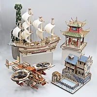 sailboat building three dimensional jigsaw handmade wooden insert model desktop decoration puzzle diy toy