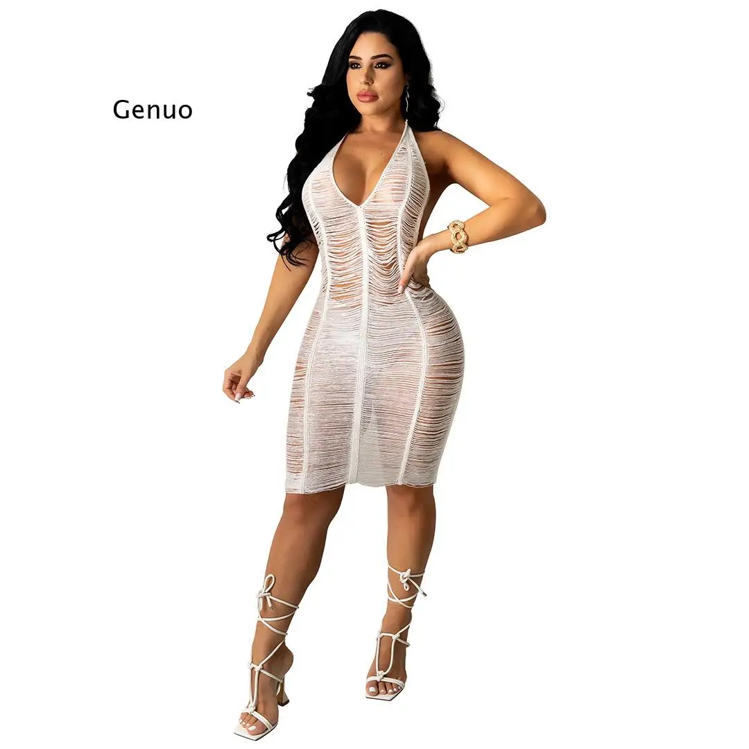 

Sexy Women Knitted Dress Halter Backless Deep V Neck Crochet Dresses Sleeveless Hollow Out Bodycon Crocheted Beach Dress