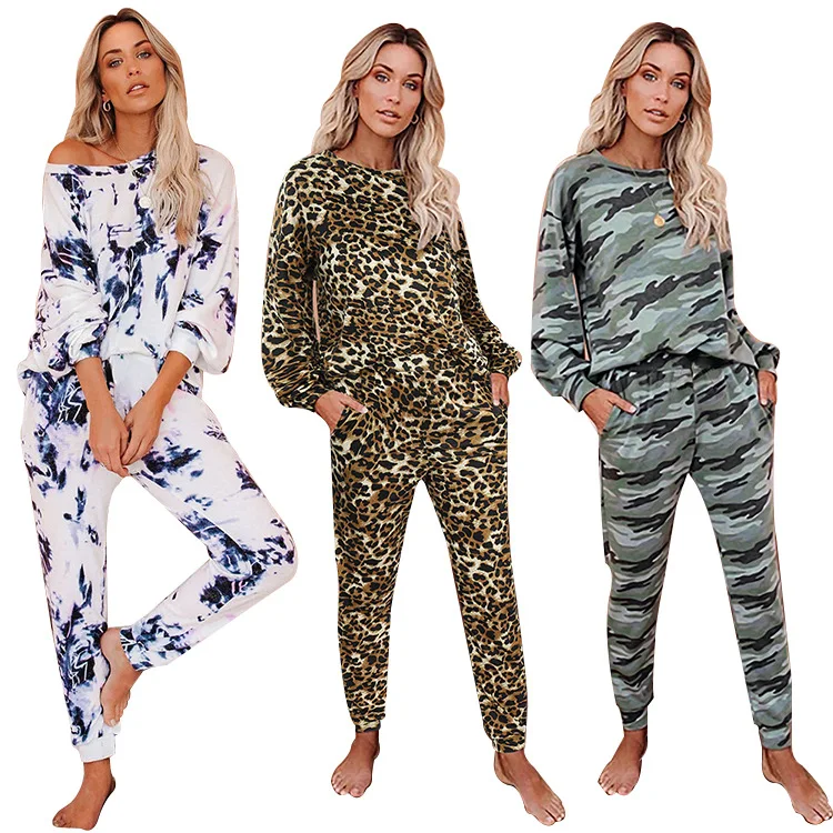 

2021 new ladies casual tie-dye home pajamas two-piece round neck long sleeve home service suit women