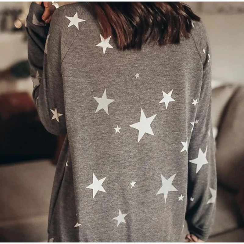 

Women's Solid V-Neck Pajamas Set Star Print Long Sleeve Top + Drawstring Long Pants Female Spring Casual Pajamas Home Clothes