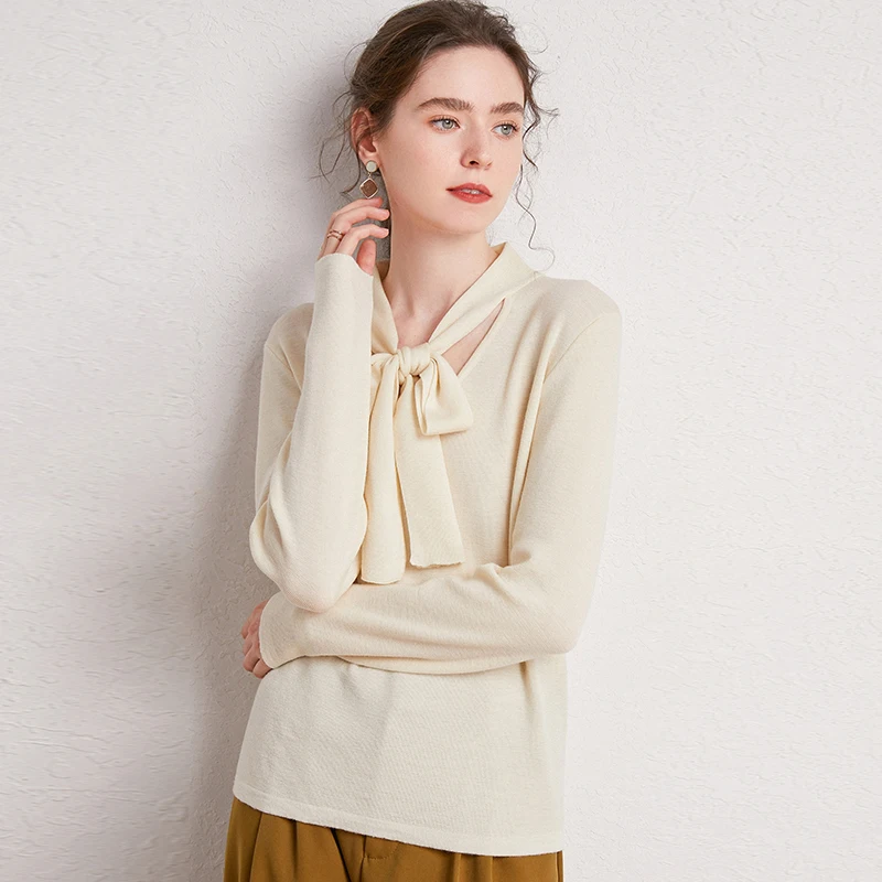 

Свитер MERRILAMB с плавающим воротником, женский осенне-зимний вязаный однотонный пуловер из шерсти мериноса с V-образным вырезом и длинными рук...