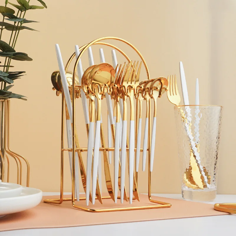 

Gold Flatware Set Stainless Steel Tableware Knife Fork Spoon Set with Rack Cutlery Tableware 24 Piece Set Kitchen Mind Gift