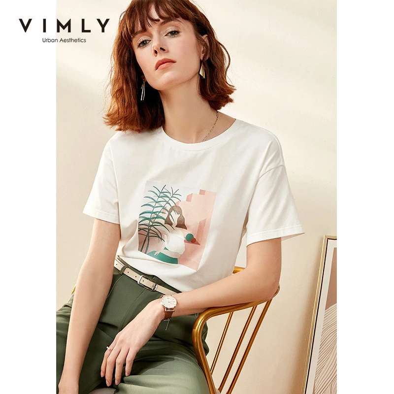 Футболка Vimly Женская хлопковая с принтом повседневный Свободный Топ круглым