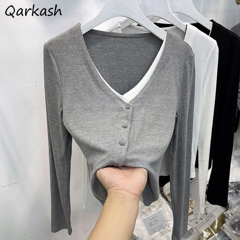 

T-shirts Women V-neck Stretchy Harajuku Elegant Retro Daily Female Patchwork Inside Fake Two Piece Girls All-match Street Tops