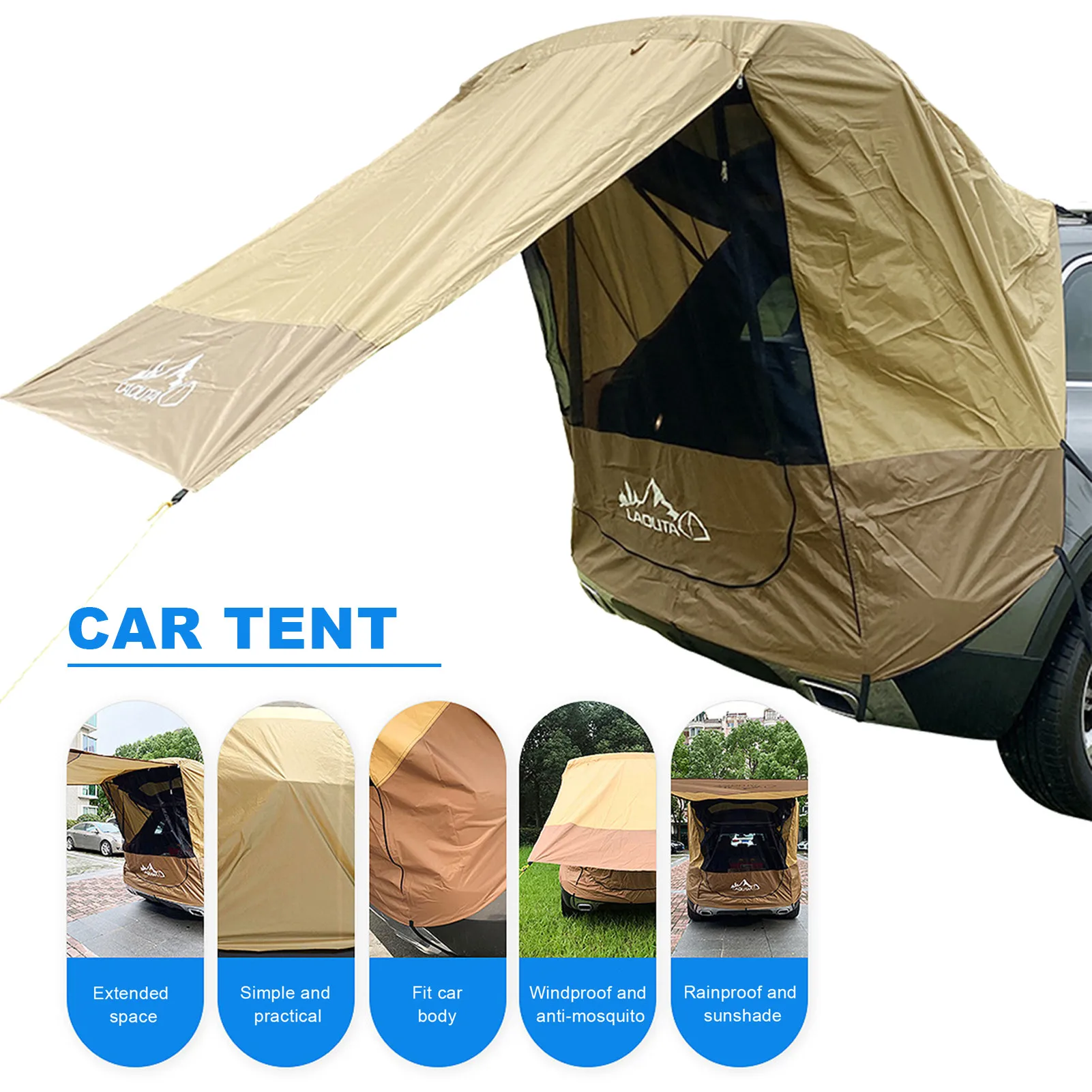 190T Car Trunk Tent SUV Sunshade Rainproof for Self-driving Tour Barbecue Camping PU3000 Block Ultraviolet Rays Anti Mosquitoes