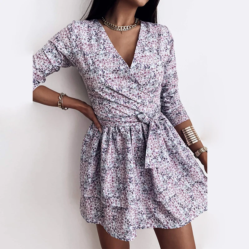 

2021 New Women Spring V Neck Floral Print Dress Casual Long Sleeve Ruffles Short Dress Bohemian Female A Line Sashes Vestidos