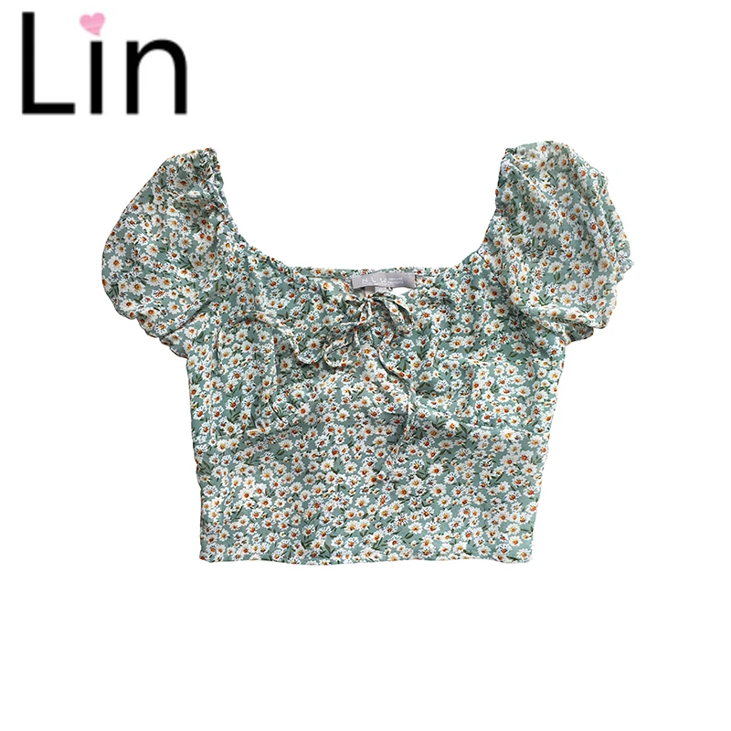 Винтажная Хлопковая женская блузка с зеленым цветочным принтом облегающая