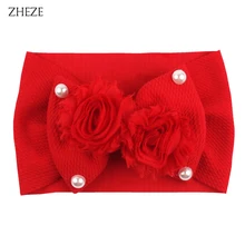 2021 moda waffles tecido arco do cabelo bandana chique pérola flor turbante meninas elástico hairband acessórios para o cabelo do bebê (1)