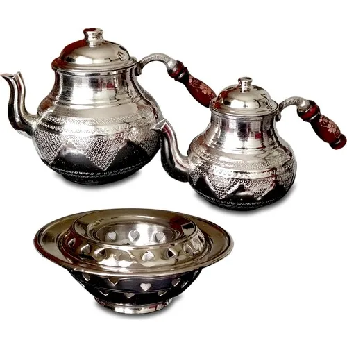 

Brothers Copper Gaziantep Handmade Grape Embroidered Cooktop Copper Teapot Set