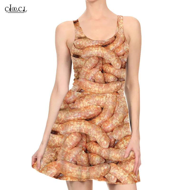 

CLOOCL Food Sausage Dress Fashion 3D Print Female Sleeveless Gown Sexy Streetwear Women's Clothing