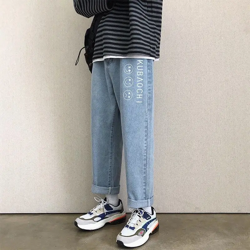 Male Korean Style Trousers Teen Ins Harajuku New Men Jeans Ankle Length Letter Printed Solid Plus Size 3XL Fashion Loose Leisure