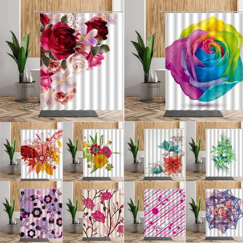 

Занавеска для душа в виде Розы водного цвета, комплект с декором для ванной комнаты, Весенняя романтическая тема любви с зелеными листьями, ...